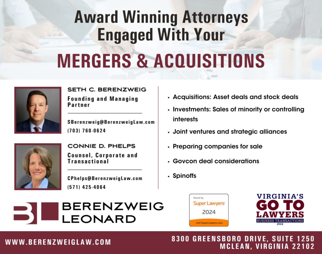 An image recognizing Seth Berenzweig and Connie Phelps as "Award Winning Attorneys Engaged With Your Mergers and Acquisitions."